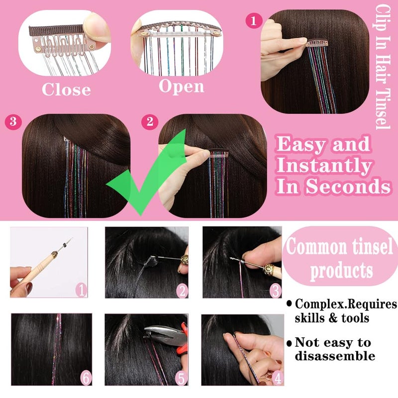 EROADE Hair Tinsel 12 Pcs Clip in Hair Tinsel Kit for Girls 22 Inch Glitter Fairy Tinsel Hair Extensions Colorful Heat Resistant Party Festival Accessories for Women (pink/multicolor-12 Pcs) - Image 5